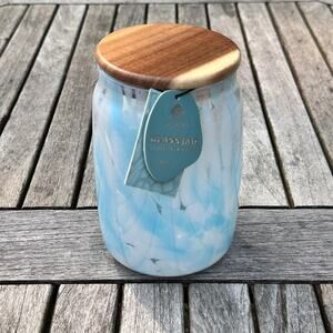 Murano Light Pastel Blue Confetti Glass Jar with Acacia Lid BPA Free Storage New